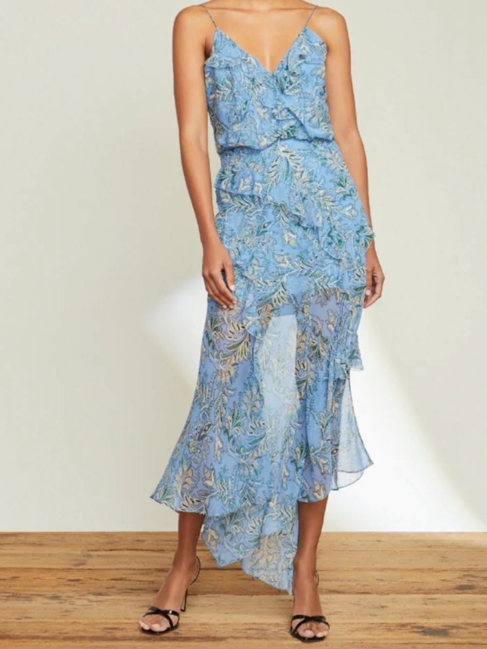 Veronica Beard Avenel Silk Asymmetric Paisley Ruffle Dress In Aero Blue 10